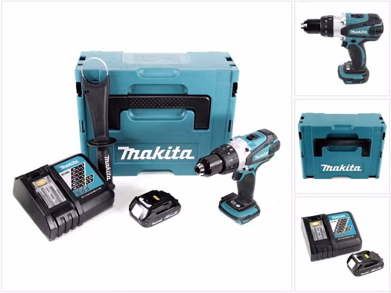 Trapano avvitatore a batteria Makita DDF 458 Y1J-D 18V 91 Nm in Makpac con 1x batteria BL1815N 1,5 Ah e caricabatterie DC18RC