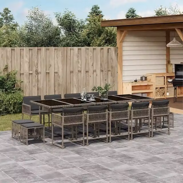 Set da Pranzo da Giardino 15 pz con Cuscini Grigio Polyrattan 3211532