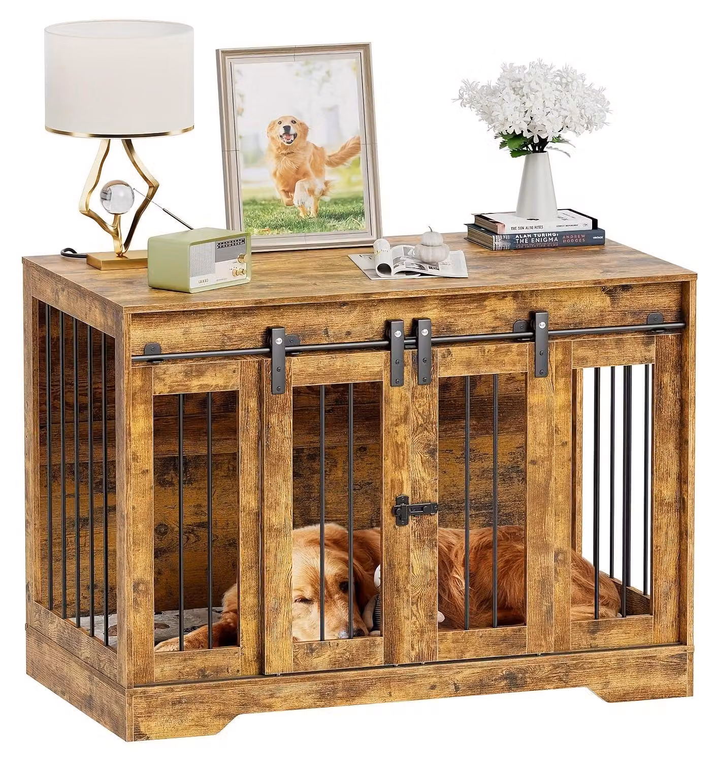 Gabbia per cani in legno - Cuccia per cani - Gabbia per animali domestici - Ciotola per cani - Recinto per animali - Modello di grandi dimensioni con quattro porte scorrevoli