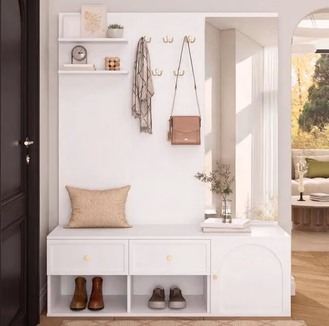Set appendiabiti da parete con specchio, cassetti e panca, bianco, 120x35x159 cm