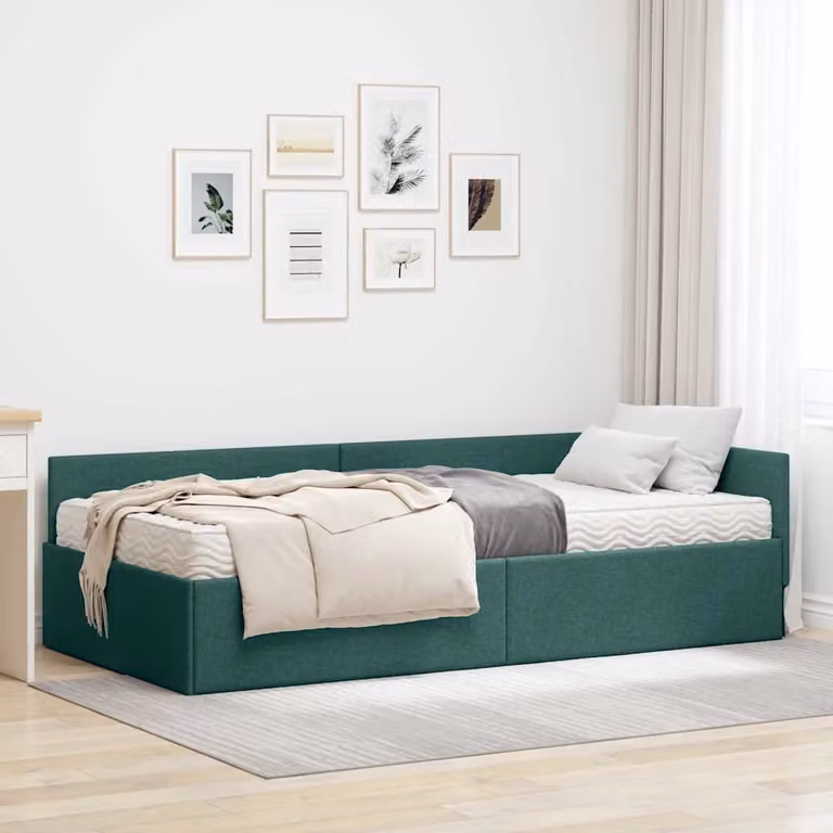 vidaXL Struttura Letto Angolare con 2 Materassi in Schiuma e Rivestimento in Tessuto Verde, 90x190 cm