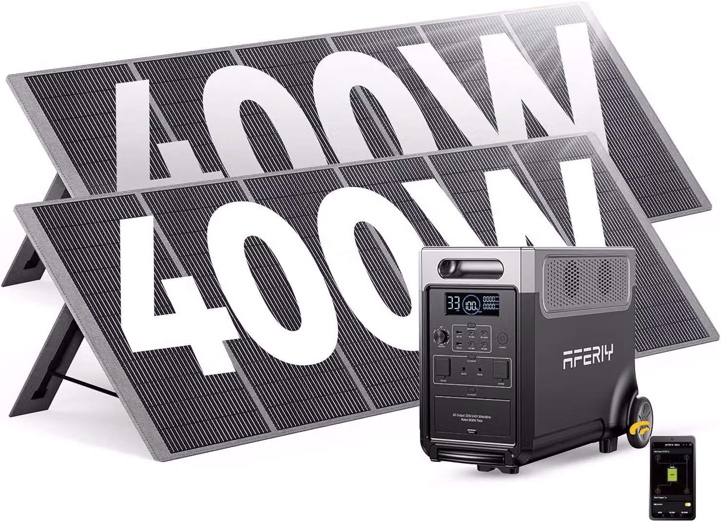 Set generatore solare AFERIY da 3600 W con stazione di ricarica LiFePO4 da 3840 Wh, inclusi 2 pannelli solari pieghevoli da 400 W