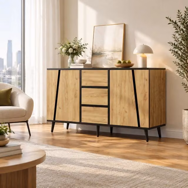 Sideboard con 2 ante e 3 cassetti 120x40x70 cm in MDF e truciolare naturale e nero