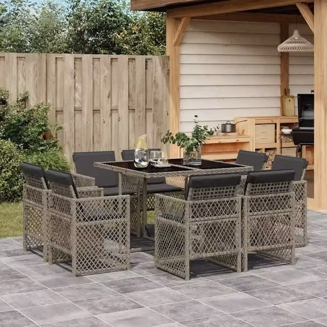 Set da Pranzo da Giardino 9 pz con Cuscini in Polyrattan Grigio 3210836