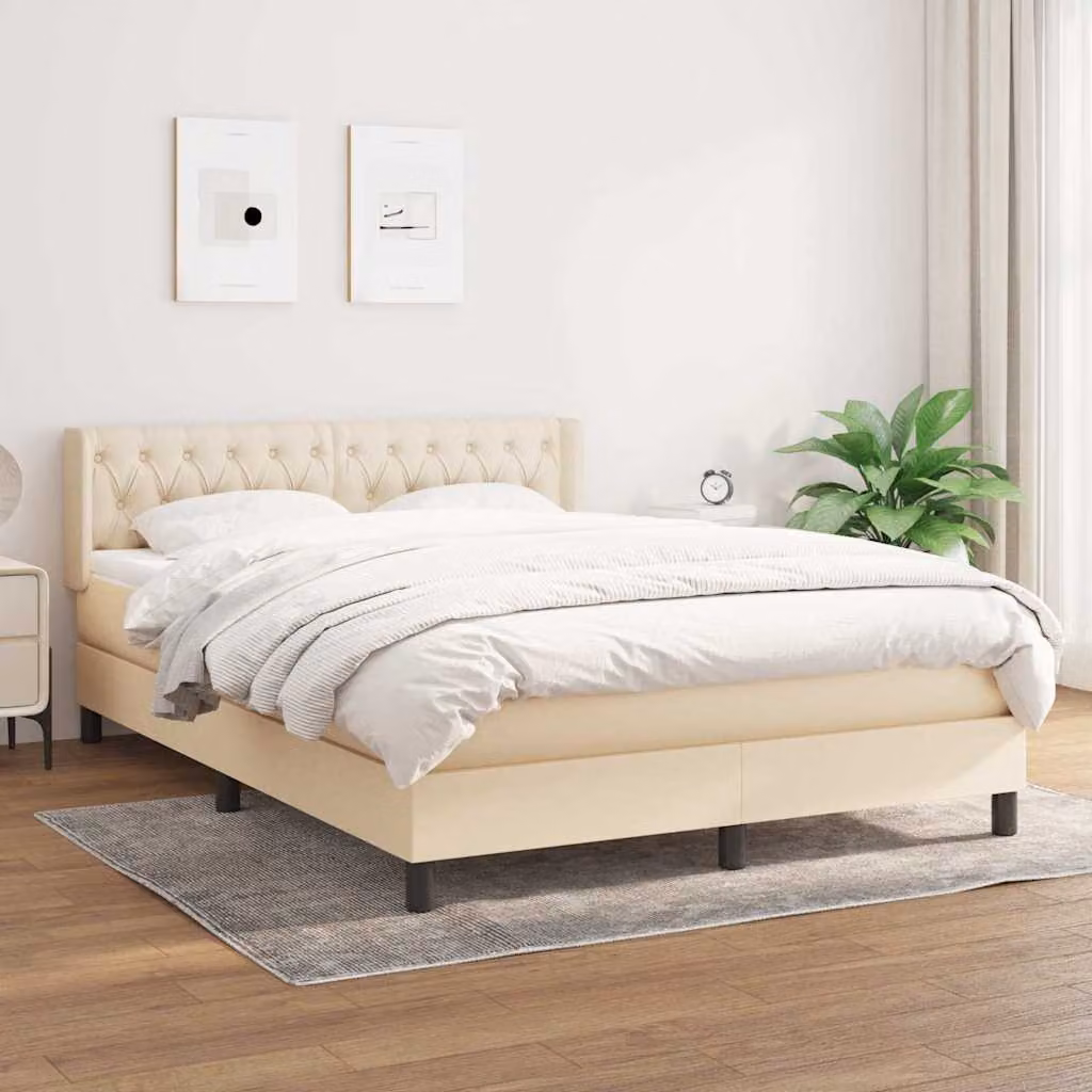 vidaXL Giroletto a Molle con Materasso in Tessuto Beige e Bianco L/P/H: 140 x 190 x 88 cm – 1