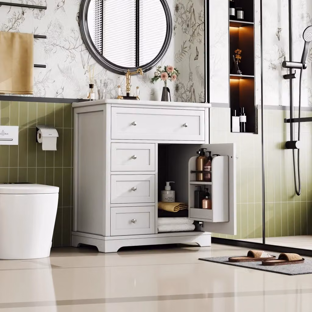 Mobile bagno da terra REDOM con lavabo integrato in MDF bianco e dettagli argento, L 76 cm x P 46 cm x H 87 cm – 2