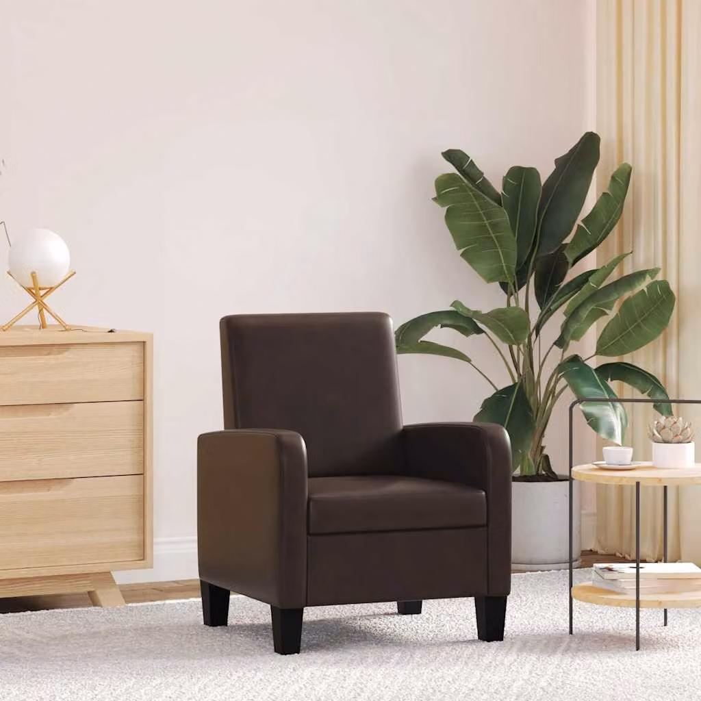 Poltrona moderna vidaXL in similpelle marrone con struttura in legno di pino e braccioli