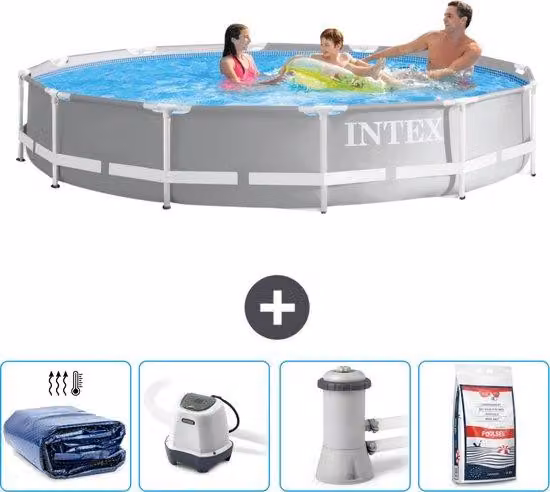 Piscina Intex a forma prismatica - 366 x 76 cm - Grigia - Con protezione solare - Sistema a acqua salata - Pompa per piscina -per piscina