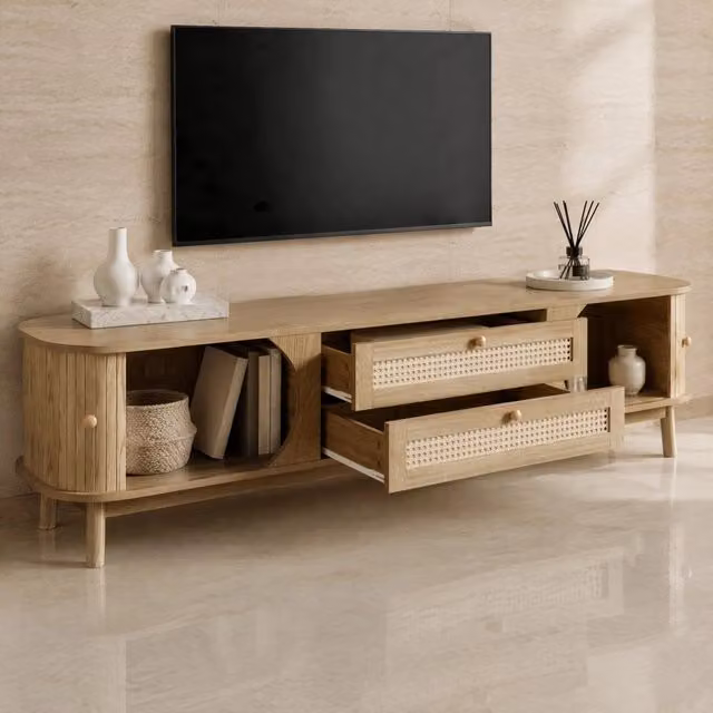Mobile porta TV REDOM moderno in legno e rattan color beige e giallo con ante scorrevoli e cassetti L: 170 cm, P: 39,5 cm, H: 46 cm