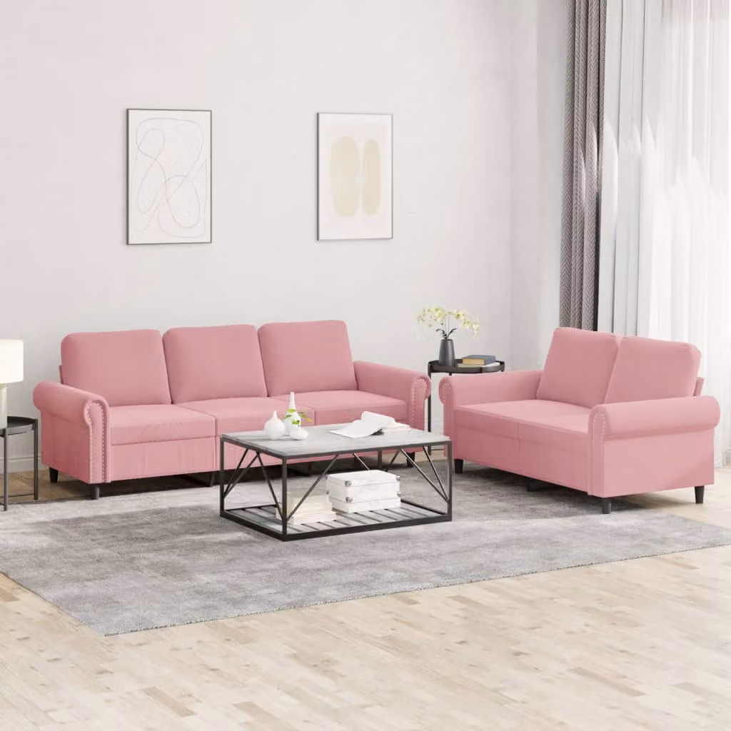 Set di 2 Divani vidaXL in Velluto Rosa con Cuscini per Soggiorno