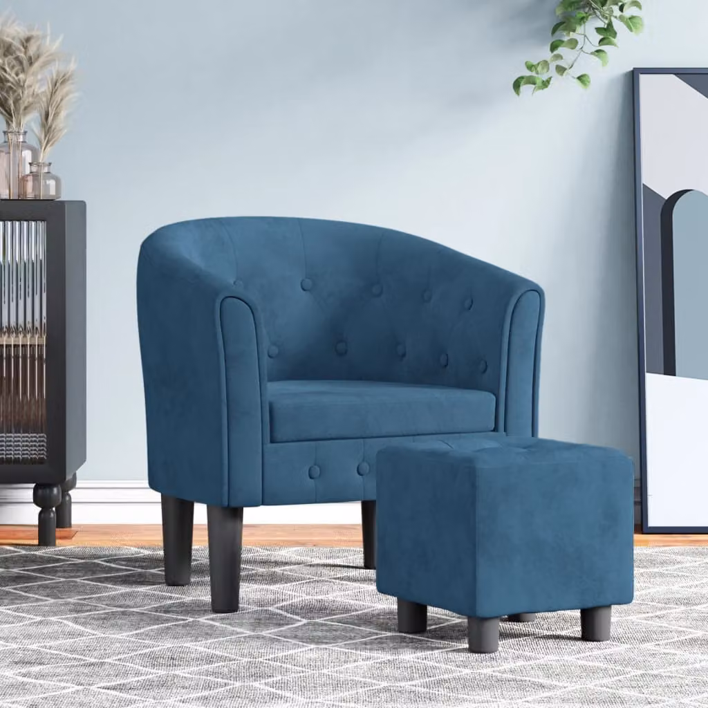 Poltrona Cabriolet con Poggiapiedi vidaXL in Velluto Blu Scuro con Struttura in Legno e Plastica L/P/H: 68.0 x 70.0 x 56.0 cm