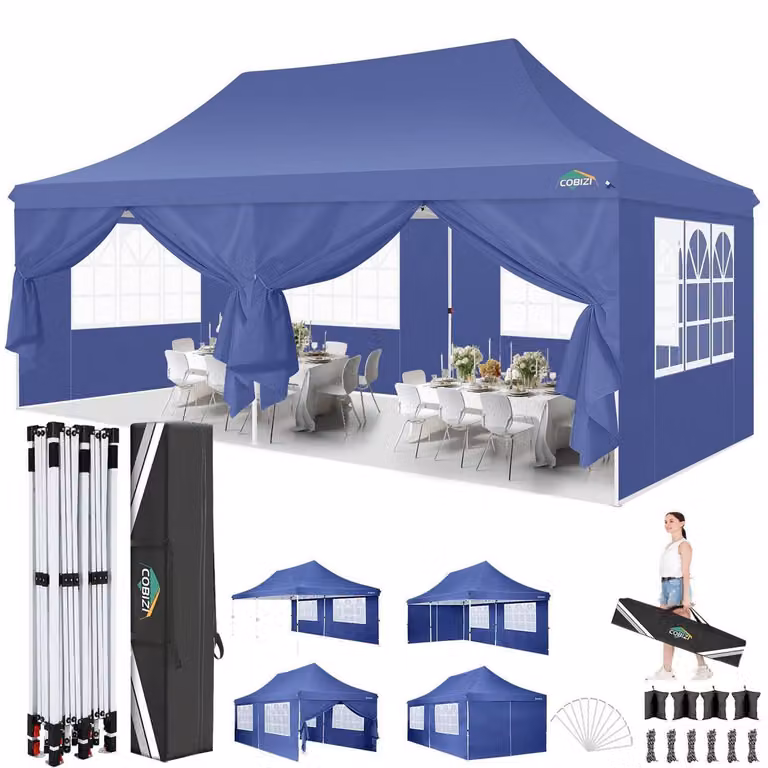 Tenda da festa impermeabile, dimensioni 3x6 metri, stabile, con protezione UV, dotata di 6 pareti laterali, colore blu scuro
