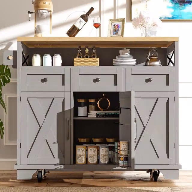 Carrello da cucina con piano pieghevole tre cassetti e ruote bloccabili in MDF e metallo grigio 118 × 43–80 × 98 cm