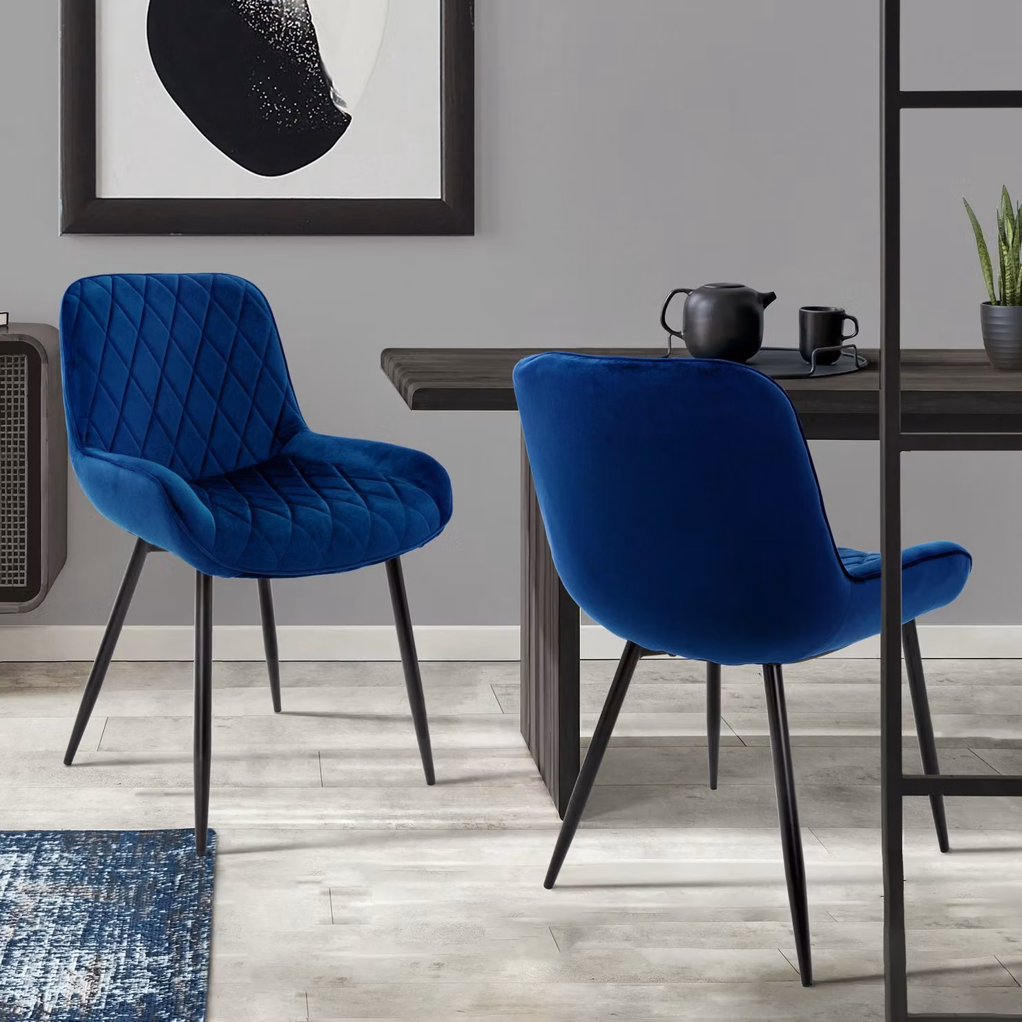 ML-Design set di 2 sedie da pranzo con schienale e braccioli, blu scuro, seduta in velluto, sedia imbottita con gambe in metallo