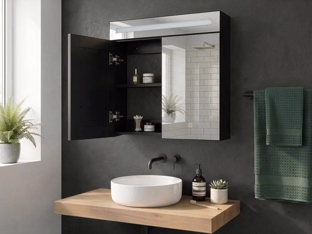 Mobile da bagno Beliani moderno con ante in vetro, illuminazione LED integrata e ripiani interni, nero opaco, L: 60 cm, H: 60 cm, P: 12 cm – 2