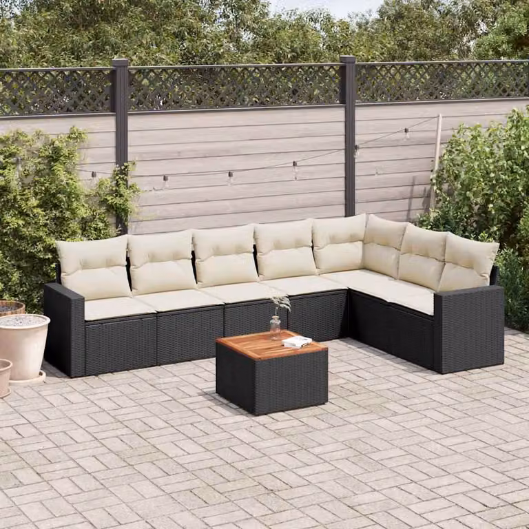 Set di Divani da Giardino a L vidaXL in Polyrattan Nero con Cuscini e Tavolino da Esterno