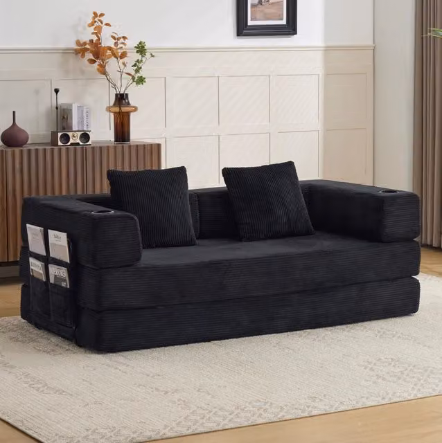 Divano letto da pavimento 185x92,5x60 cm nero convertibile in tessuto a coste