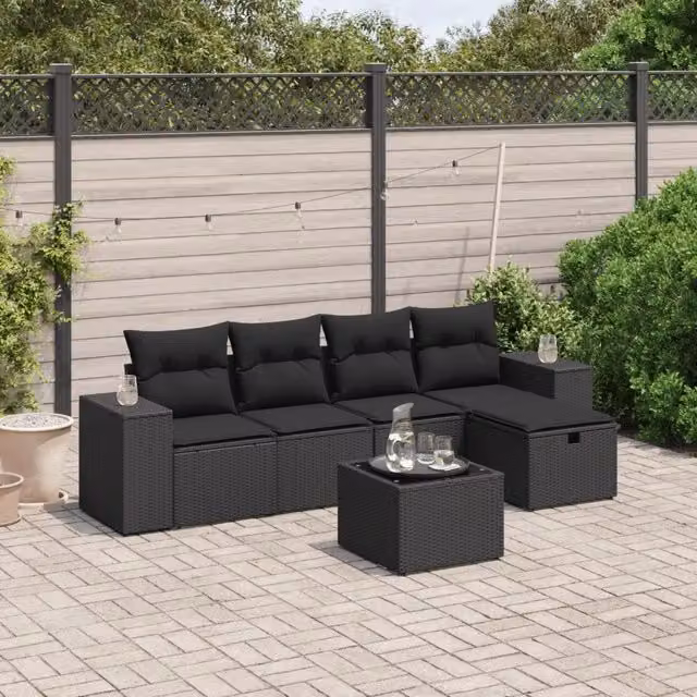 Set Divano da Giardino 6 pz con Cuscini Nero in Polyrattan 3264401