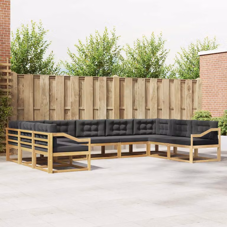 vidaXL Set di divani da esterno a L in legno di acacia con cuscini, 9 pezzi, Bianco e Antracite