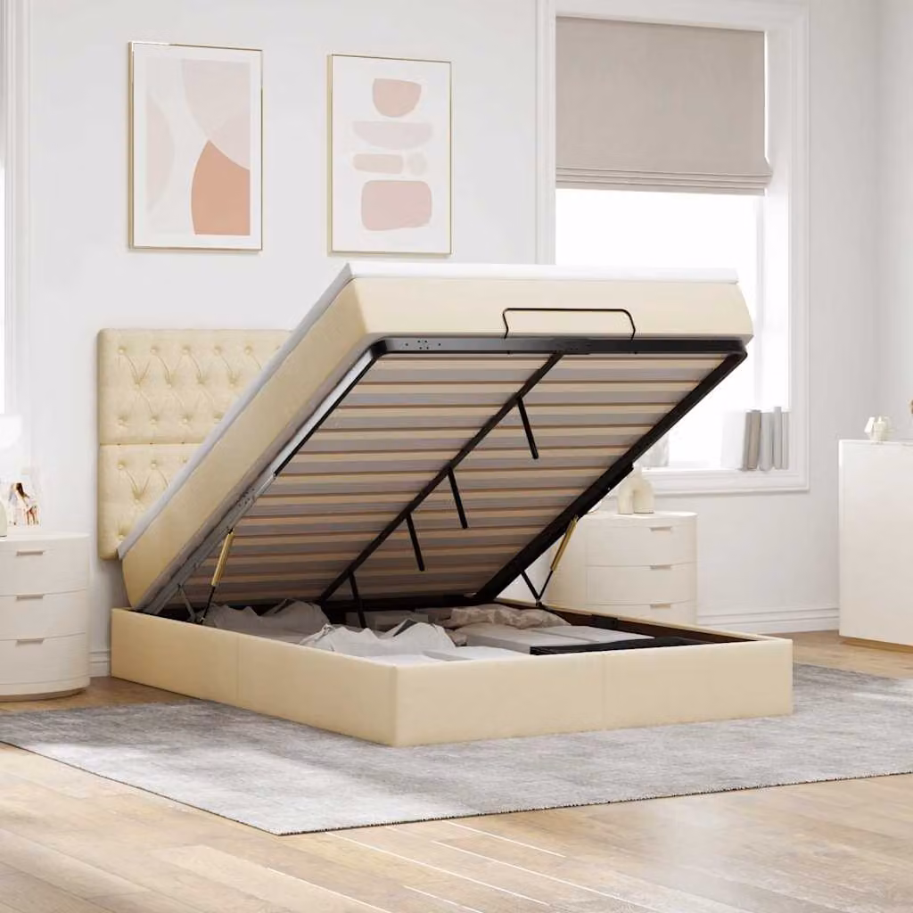 Letto con contenitore e materasso vidaXL in tessuto beige e bianco, L/P/H: 200 x 140 x 44 cm