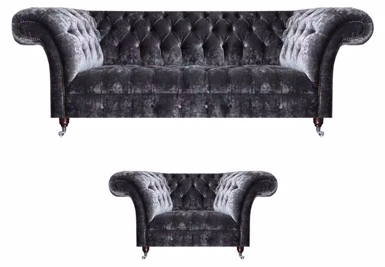 Chesterfield Polstermöbel Wohnzimmer Textil Dreisitzer Edler Sessel 2tlg