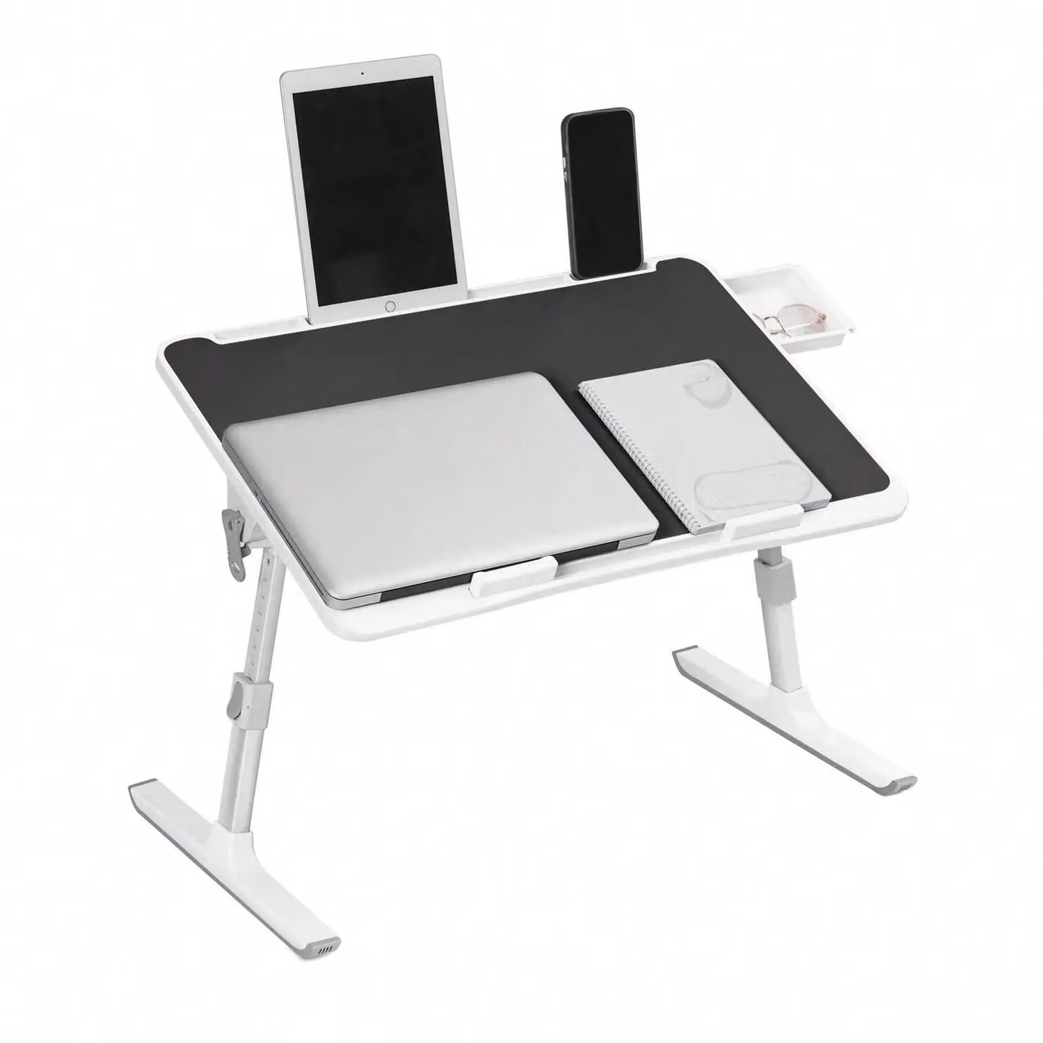 Tavolino per laptop da letto/divano - Scrivania pieghevole - 60 x 40 cm - Regolabile in altezza e inclinazione - Con cassetto - Nero