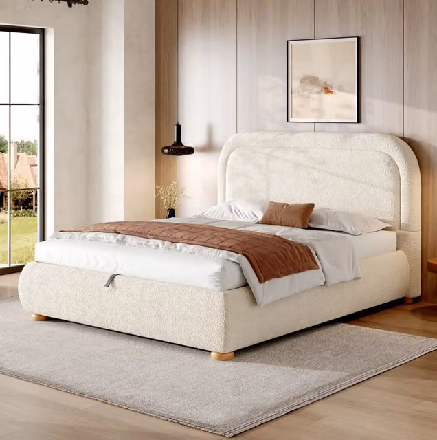 Letto matrimoniale con contenitore idraulico; rete a doghe e rivestimento bouclé beige