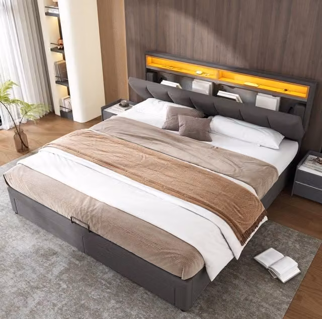 Letto matrimoniale imbottito grigio 160x200 cm con LED, struttura in acciaio e contenitore