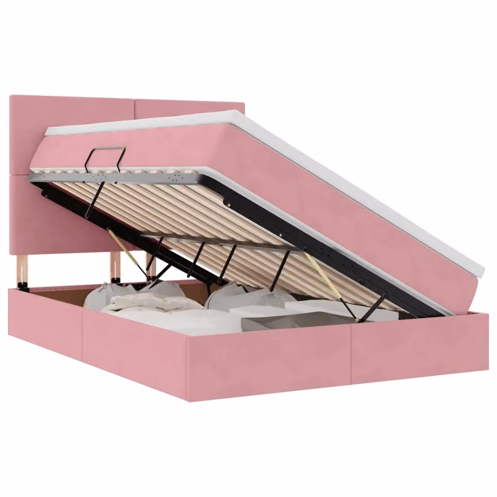 Letto con contenitore e illuminazione LED vidaXL in velluto rosa, L/P/H: 140 x 200 x 128 cm – 2