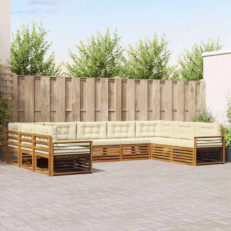 Set di divani da esterno a L vidaXL in legno di acacia con cuscini, 9 pezzi, Beige e Bianco