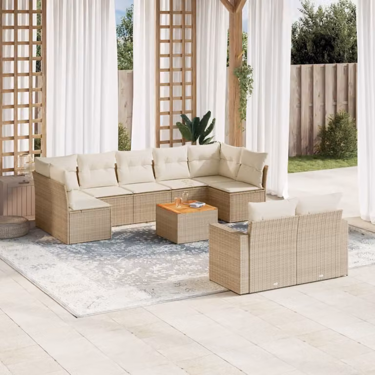 vidaXL Set Divano da Giardino 10 pz in Polyrattan con Cuscini Beige e Tavolino