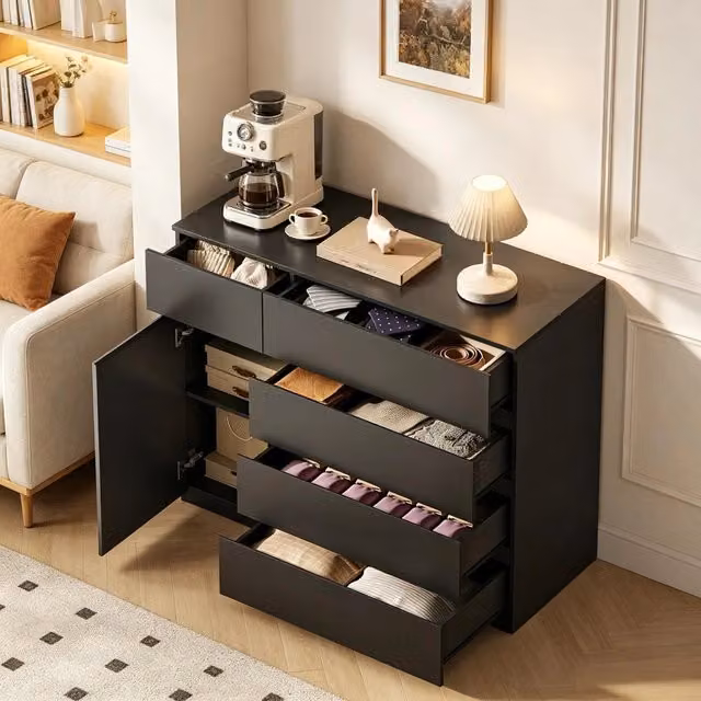 Desviae Cassettiera con armadietto 5 cassetti ripiano regolabile in 3 posizioni pannello truciolare nero 100 × 40 × 80 cm