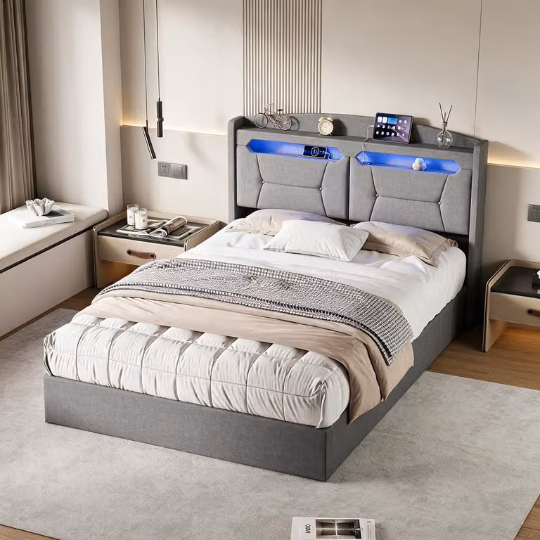 Letto matrimoniale con rete a molle INONEFT, 140x190 cm, con illuminazione LED e porte USB/Type-C, struttura imbottita, contenitore a letto, sistema di sollevamento idraulico, adatto anche per ragazzi, disponibile nei colori: lino e grigio.