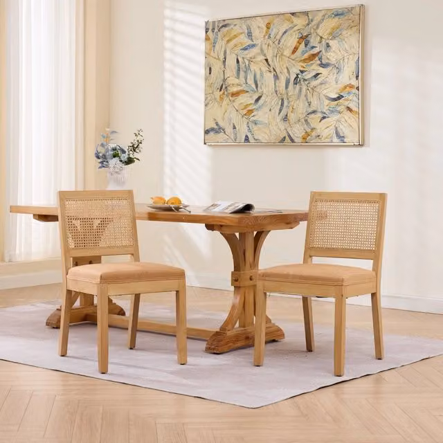 Sedia da pranzo OKWISH in rattan e legno massello beige con cuscino in tessuto in stile mid-century