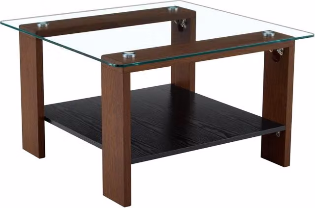 Tavolino Moderno con Piano in Vetro Temperato e Gambe in Legno di Noce 65x41x45,5 cm con Spazio di Stoccaggio