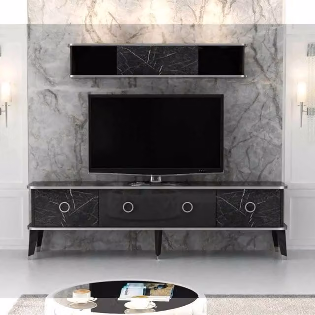 Mobile porta TV con pensile Bientv Effez effetto marmo nero e dettagli argento L: 180 cm