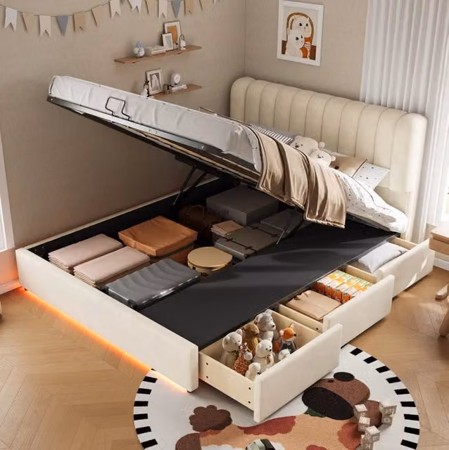 Letto contenitore per bambini in velluto beige con base a sollevamento e illuminazione LED L: 140 cm, P: 200 cm, H: 65 cm – 1