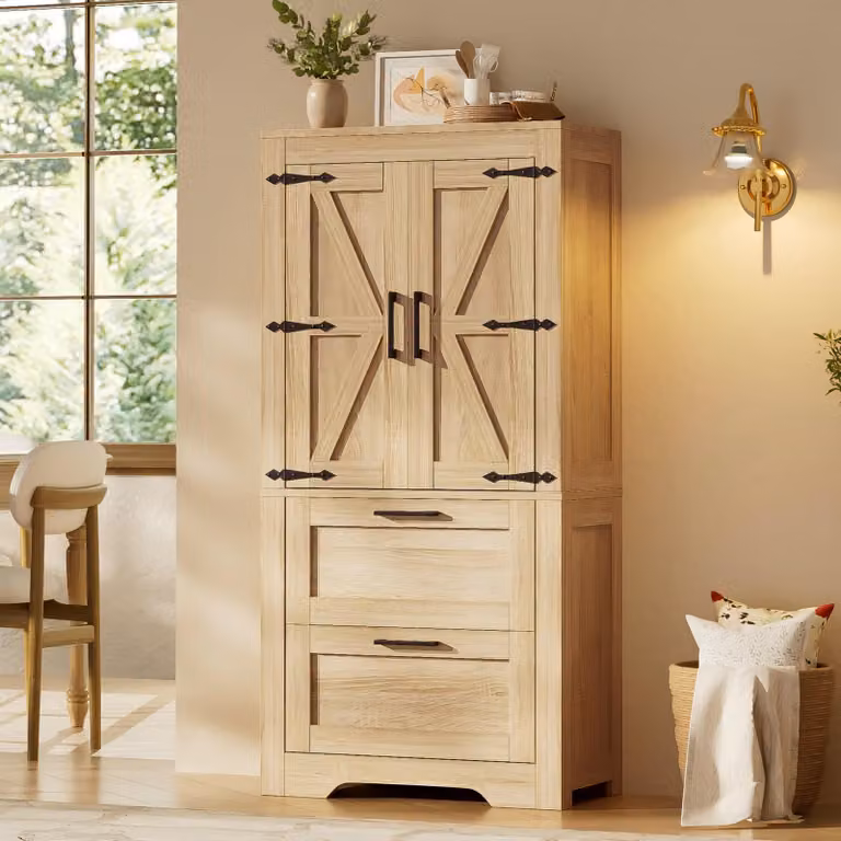 Mobiletto da cucina Flieks con 2 cassetti, ripiani interni regolabili, credenza in stile "porta di fienile", mobiletto per cucina o sala da pranzo, finitura in legno naturale