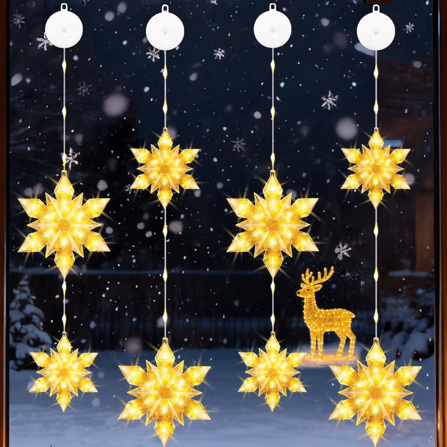 Luci natalizie a LED, set da 4, a forma di fiocchi di neve, luce bianco caldo, 92 LED, grado di protezione IP44