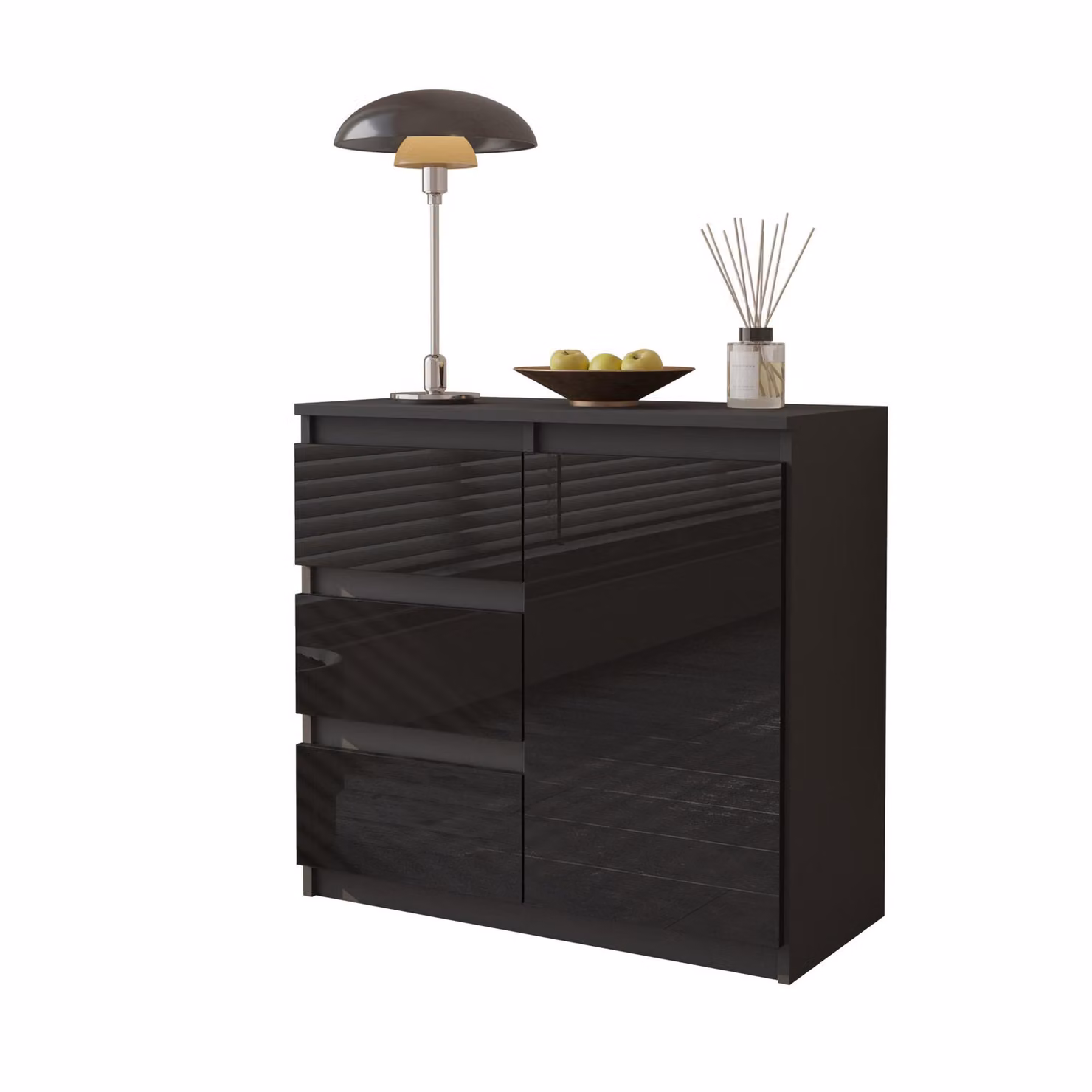 Cassettiera 80 Cm Antracite / Nero Lucido, 3 Cassetti, 1 Anta, 1 Ripiano, Soggiorno