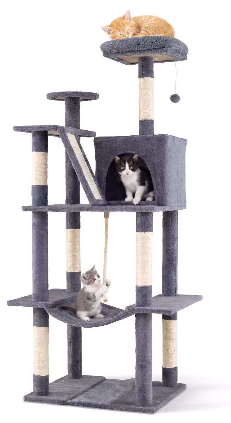 Tiragraffi per gatti da 158 cm con amaca e pali per tirare, grigio scuro.