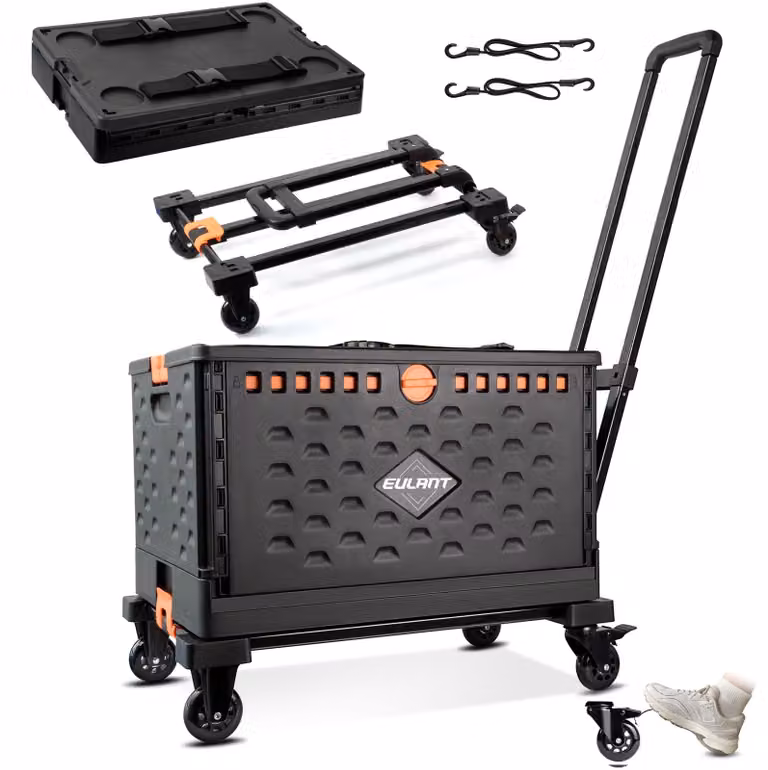 Carrello pieghevole 2-in-1 con scatola pieghevole da 60 litri e coperchio, dotato di ruote rotanti a 360°