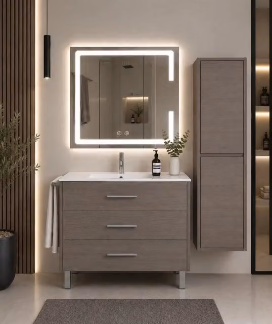 Mobile bagno con lavabo ORIGENBATH RIBERA senza specchio 100x45 cm rovere smoky con colonna