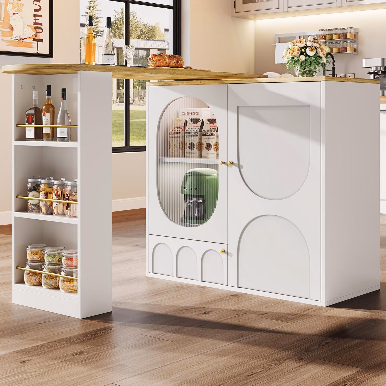 okwish Tavolino conferenza girevole a 360°, isola da cucina con spazio contenitivo, mobiletto buffet con 3 ante e divisori removibili, bianco