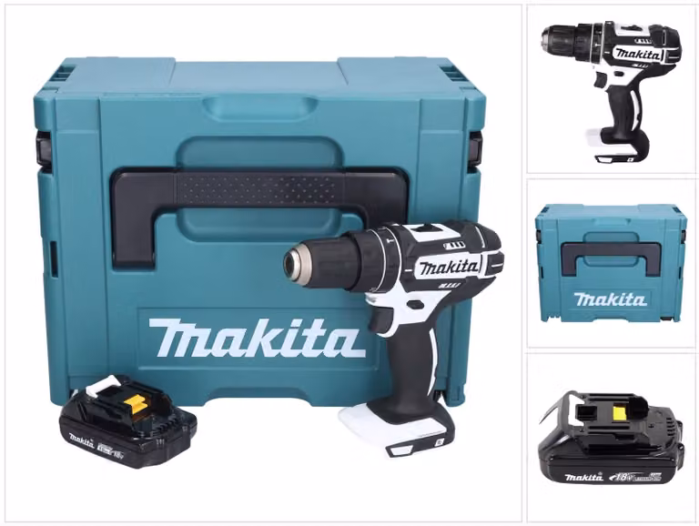 Trapano avvitatore a percussione a batteria Makita DHP 482 Y1JW 18 V 62 Nm bianco + 1 batteria da 1,5 Ah + Makpac - senza caricabatterie