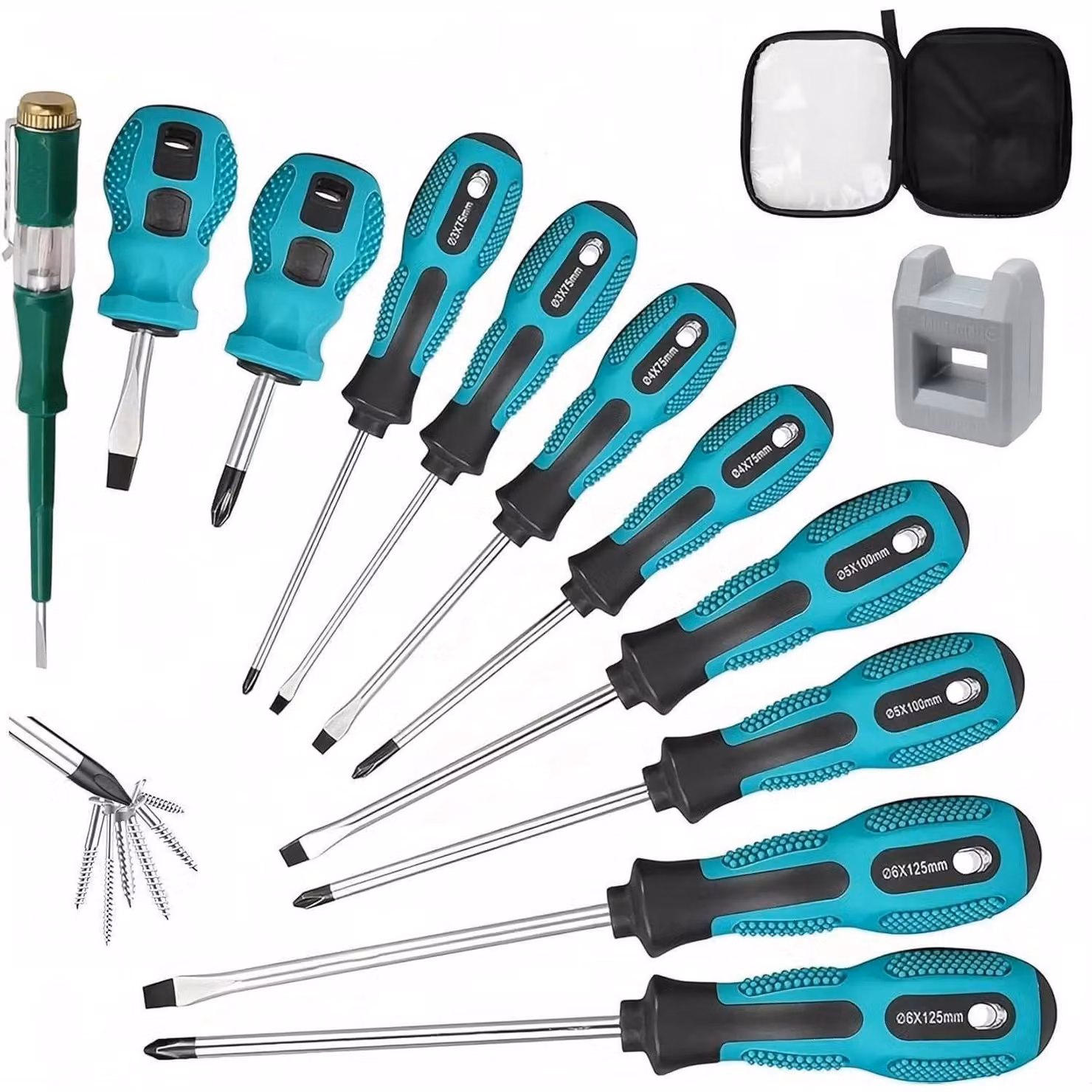 Set di 11 cacciaviti con punta magnetica e tester di tensione