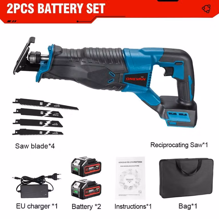 Seghetto alternativo a batteria - 18 V - 10.000 colpi/min - Profondità di taglio 320 mm - 2 batterie + caricabatterie UE - Motore a spazzole - Braun