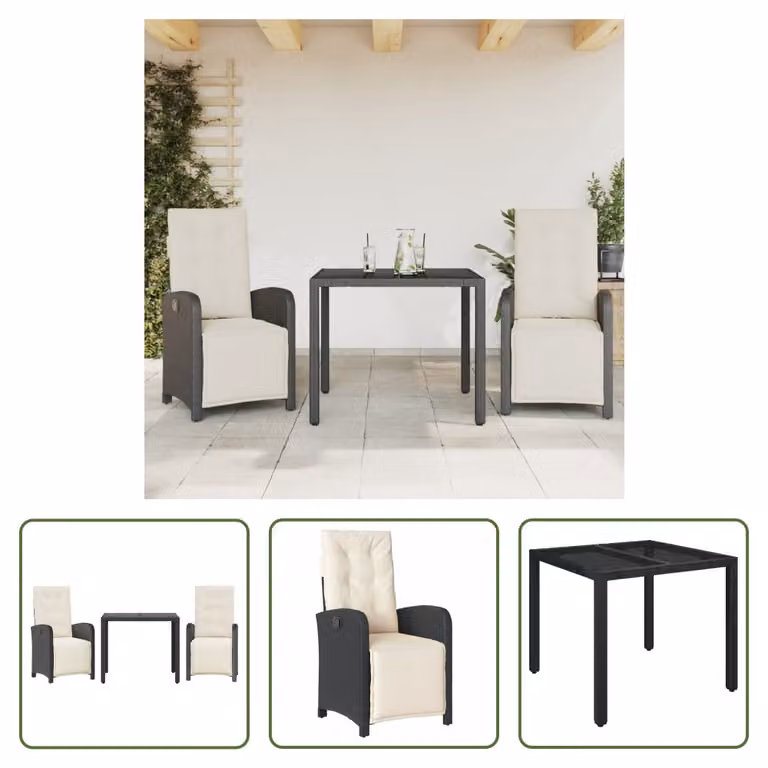 The Living Store Set bistrot 3 pezzi con cuscini in poly rattan nero