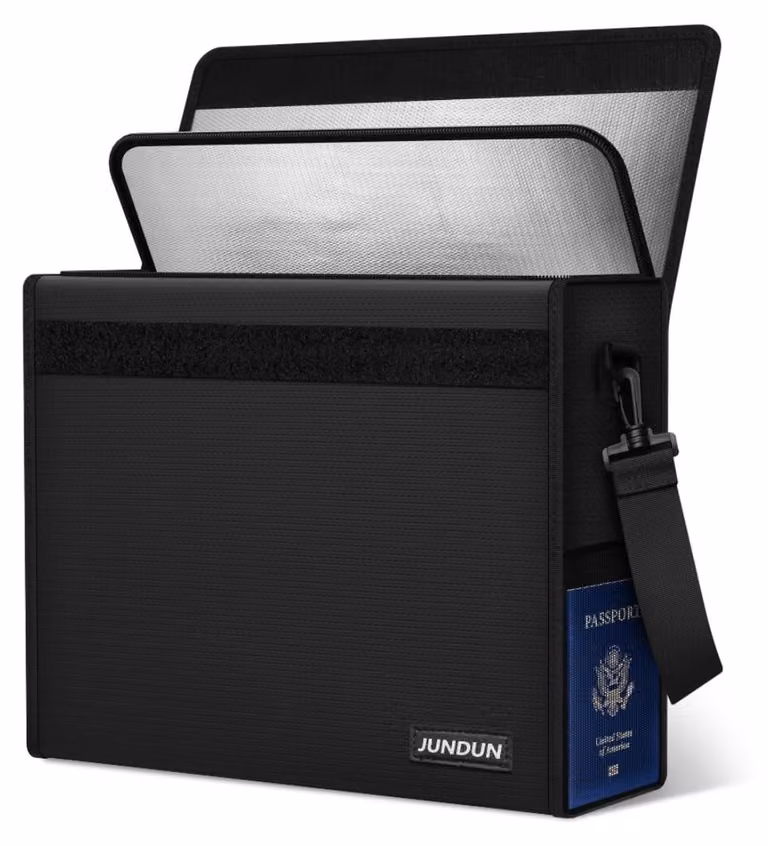 Contenitore ignifugo per documenti, 43 x 30 x 13 cm, colore nero, realizzato in alluminio - Protezione antincendio per documenti