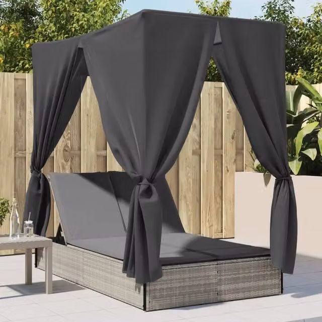 Lettino Prendisole Tetto e Tende Grigio Chiaro in Polyrattan 368077